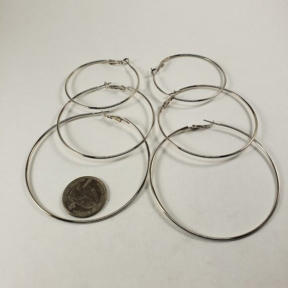 Polished  Silver tone  3 pairs of big graduated Hoop Sizes Earrings - Picture 1 of 3